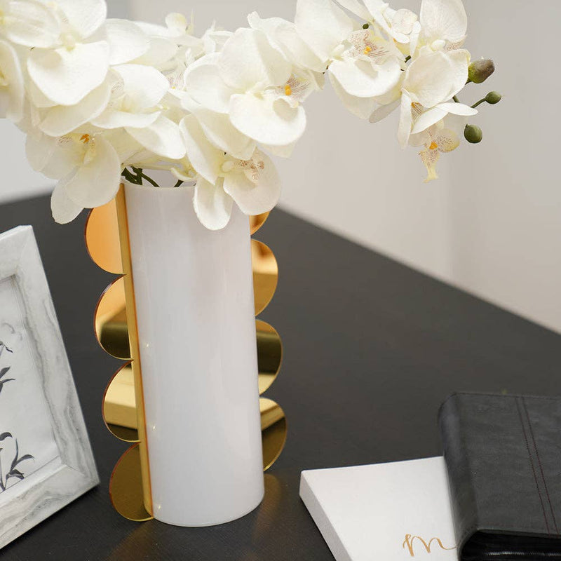 Lucite Mirror Accented Vase: White-Gold / Large