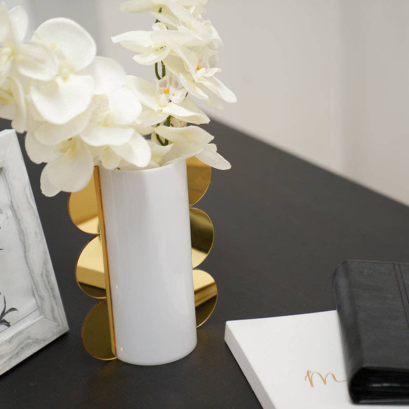 Lucite Mirror Accented Vase: White-Gold / Small