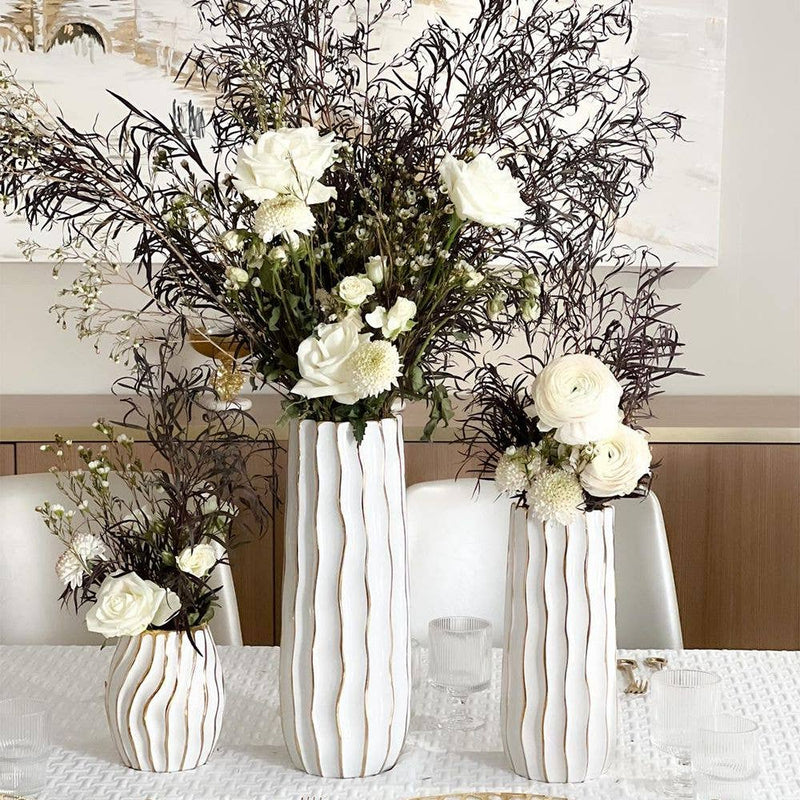 Tall White Porcelain Vase with Gold Wavy Design: Large