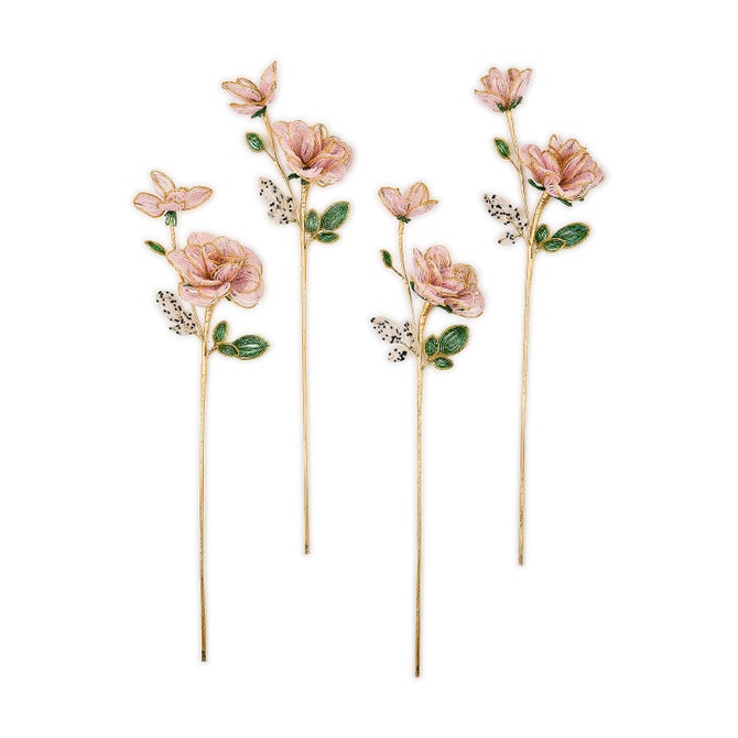 Pink Rose Beaded Flower Stems, Set of 4
