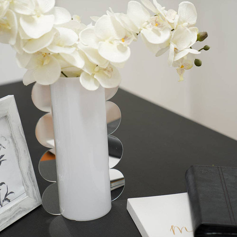 Lucite Mirror Accented Vase: White-Gold / Large