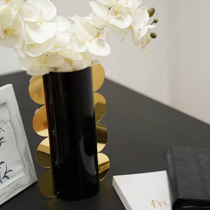 Lucite Mirror Accented Vase: White-Gold / Large