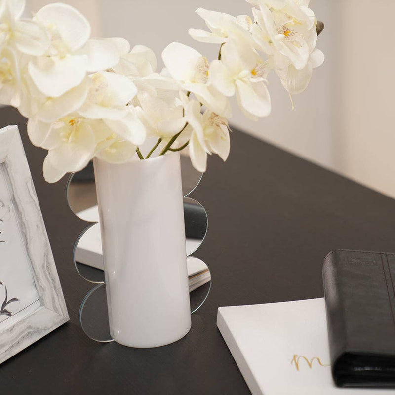 Lucite Mirror Accented Vase: White-Gold / Large