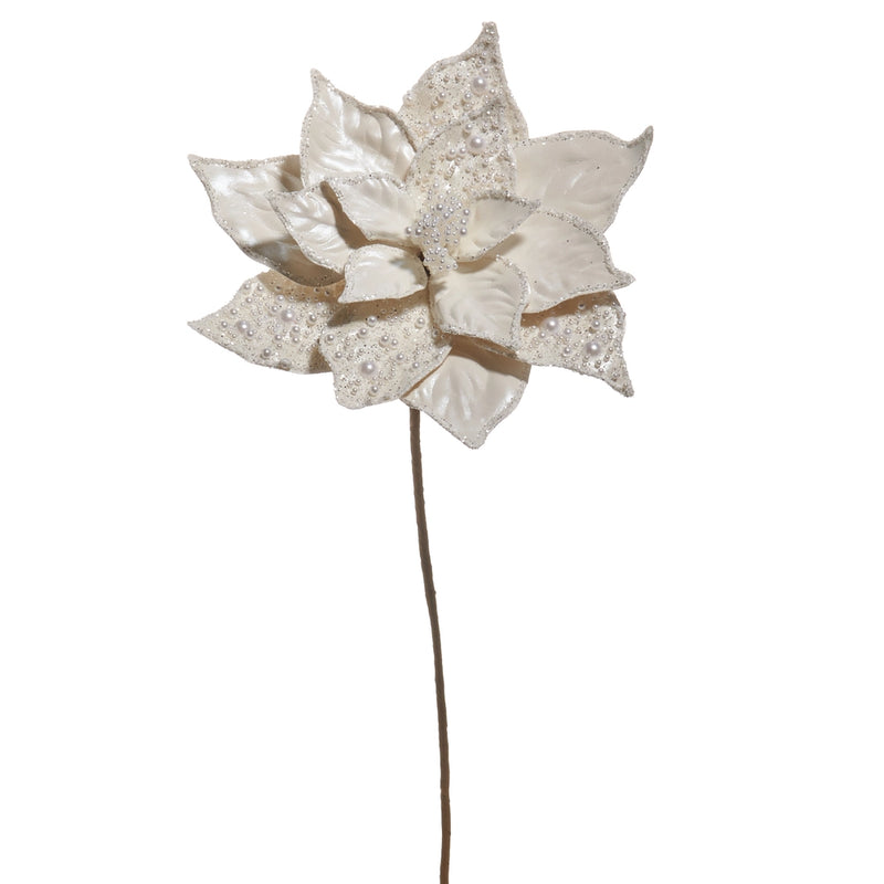 20" White Pearl Beaded Poinsettia Pick