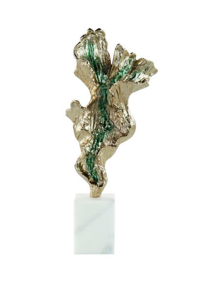 Gleaming Leaf Sculpture on Marble Base, Small Gold