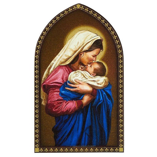 Adoring Madonna And Child Lasered Wood Arched Standing Plaque With Coated Wire Stand - Treasured Accents