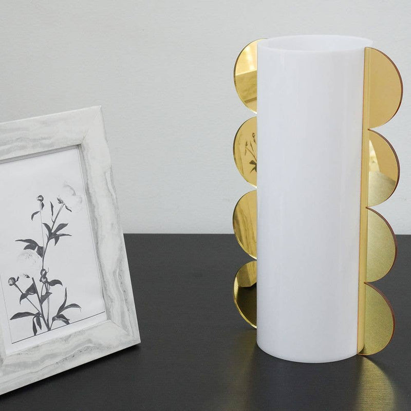 Lucite Mirror Accented Vase: White-Gold / Large