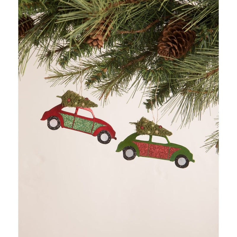 Bethany Lowe Holiday Ornaments Tin Punch Buggy with Tree Ornament Set of 2 by Bethany Lowe Designs