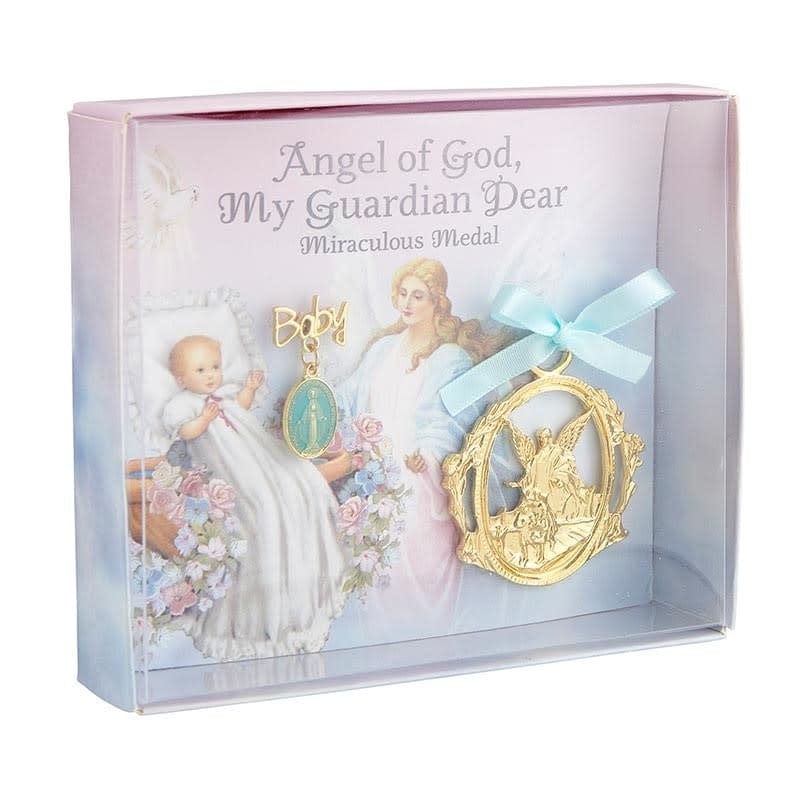 Christian Brands Guardian Angel Crib Medal with Blue Miraculous Pin