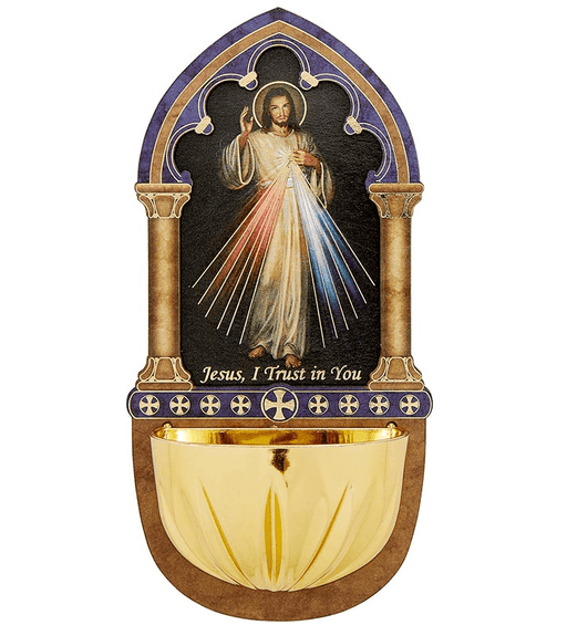Christian Brands Lasered Wood Holy Water Font - Divine Mercy