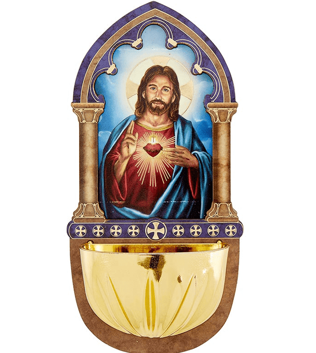 Christian Brands Lasered Wood Holy Water Font - Sacred Heart