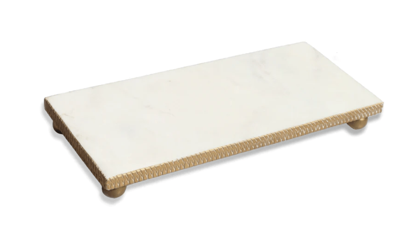 Classic Touch 14" White Marble Oblong Tray with Gold Beaded Edge