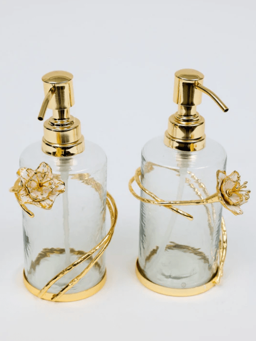 Classic Touch Bath Accessories Glass Soap & Lotion Dispenser with Gold Enamel Flower Design
