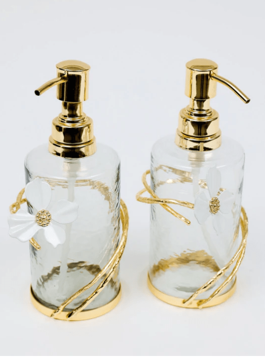 Classic Touch Bath Accessories Glass Soap & Lotion Dispenser with Gold Enamel Flower Design
