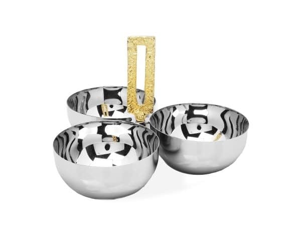 Classic Touch Bowls 3 Bowl Relish Dish with Square Gold Loop Handle