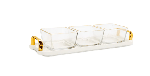 Classic Touch Bowls 3 Bowl Serving Dish White Tray with Glass Bowls Gold Trimmed