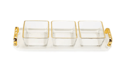Classic Touch Bowls 3 Bowl Serving Dish White Tray with Glass Bowls Gold Trimmed
