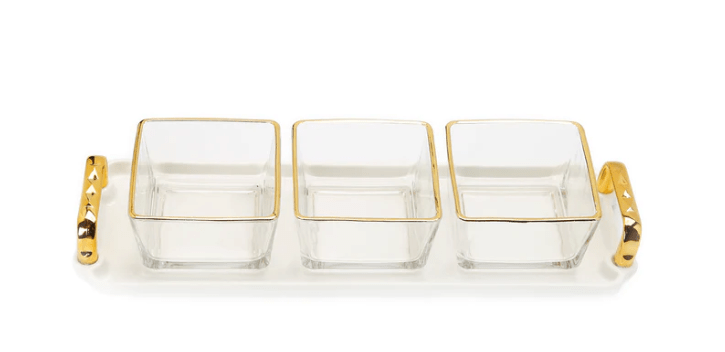 Classic Touch Bowls 3 Bowl Serving Dish White Tray with Glass Bowls Gold Trimmed