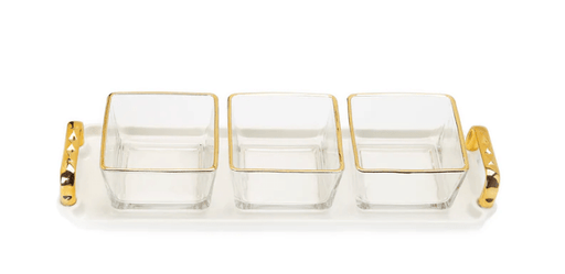 Classic Touch Bowls 3 Bowl Serving Dish White Tray with Glass Bowls Gold Trimmed