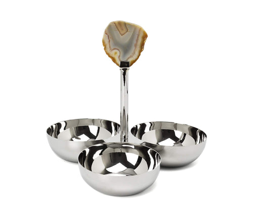 Classic Touch Bowls 3 Bowl Stainless Steel relish Dish with Agate stone