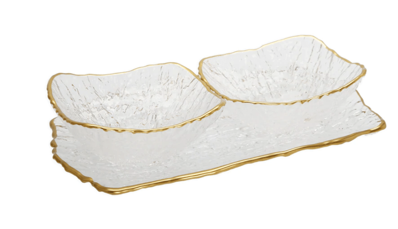 Classic Touch Bowls Glass 2 Bowl Relish Dish with Gold Trim