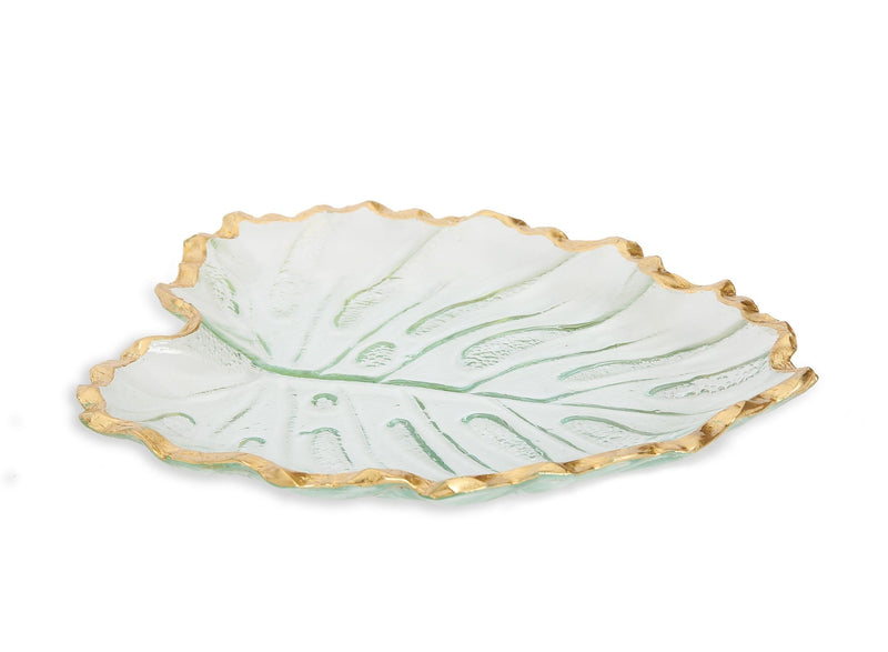 Classic Touch Bowls Glass Leaf Dish with Gold Rim 9.5"L 8.25"W