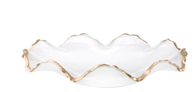Classic Touch Bowls Glass Ruffle Bowl with Gold Edge 12"D 2.75"H