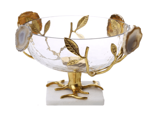 Classic Touch Bowls Glass Salad Bowl With Gold Leaf-Agate Stone Design