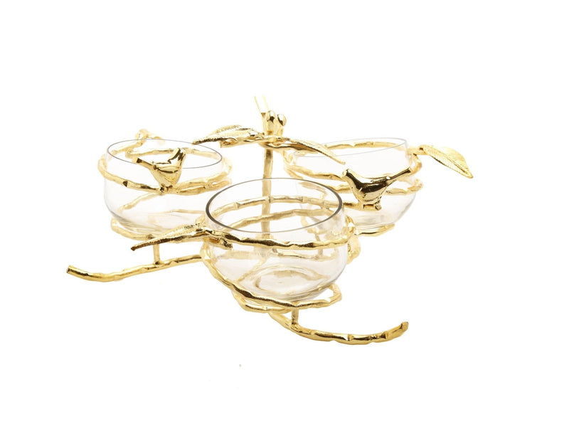 Classic Touch Bowls Gold Leaf 3 bowl Relish Dish with Glass Inserts