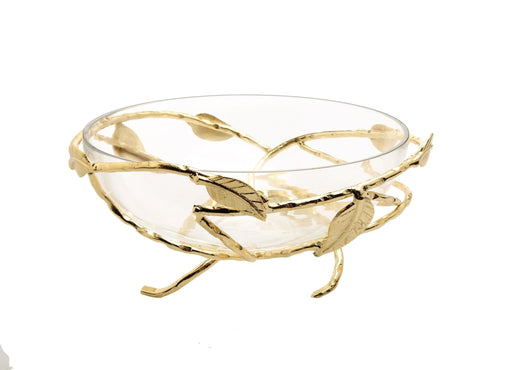 Classic Touch Bowls Hammered Glass Salad Bowl with Gold Brass Leaf Decoration