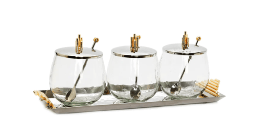 Classic Touch Bowls Hammered Tray with 3 Glass Bowls Gold Symmetrical Design