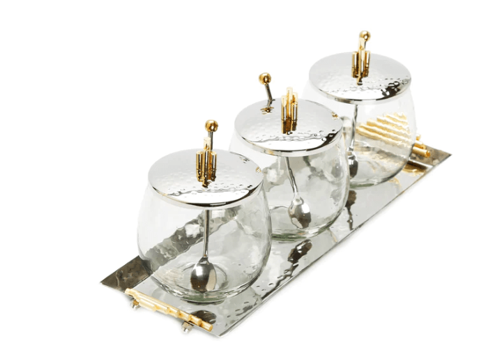 Classic Touch Bowls Hammered Tray with 3 Glass Bowls Gold Symmetrical Design