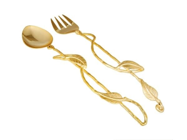 Classic Touch Bowls Set Of 2 Gold Salad Servers With Leaf Design - 13.75"L