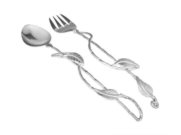 Classic Touch Bowls Set Of 2 Nickel Salad Servers With Leaf Design - 13.75"L