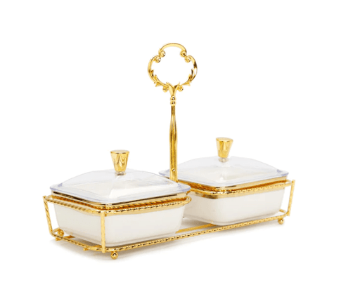 Classic Touch Bowls White Porcelain 2 Bowl Relish Dish on Gold Base - 8.25"L