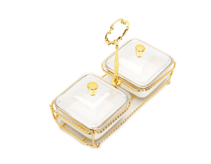 Classic Touch Bowls White Porcelain 2 Bowl Relish Dish on Gold Base - 8.25"L