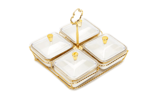 Classic Touch Bowls White Porcelain 4 Bowl Relish Dish on Gold Base
