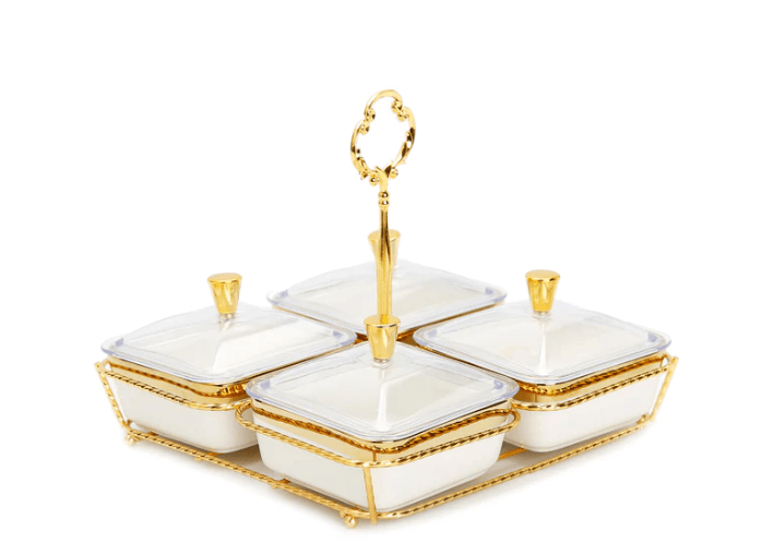 Classic Touch Bowls White Porcelain 4 Bowl Relish Dish on Gold Base