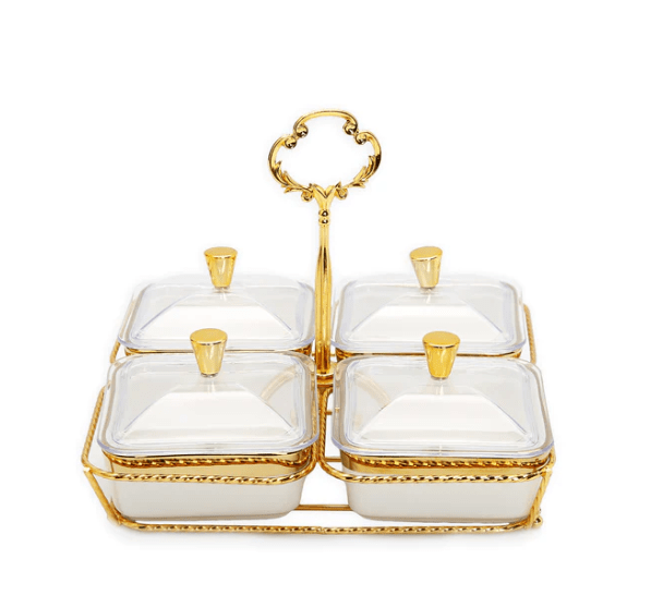Classic Touch Bowls White Porcelain 4 Bowl Relish Dish on Gold Base