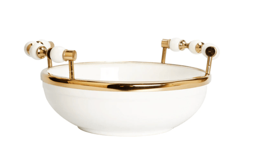 Classic Touch Bowls White Round Bowl with Two Gold and White Beaded Design Handles 10"D