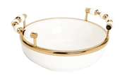 Classic Touch Bowls White Round Bowl with Two Gold and White Beaded Design Handles 10"D