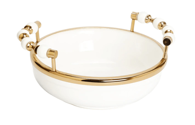 Classic Touch Bowls White Round Bowl with Two Gold and White Beaded Design Handles 10"D