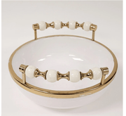 Classic Touch Bowls White Round Bowl with Two Gold and White Beaded Design Handles 10"D