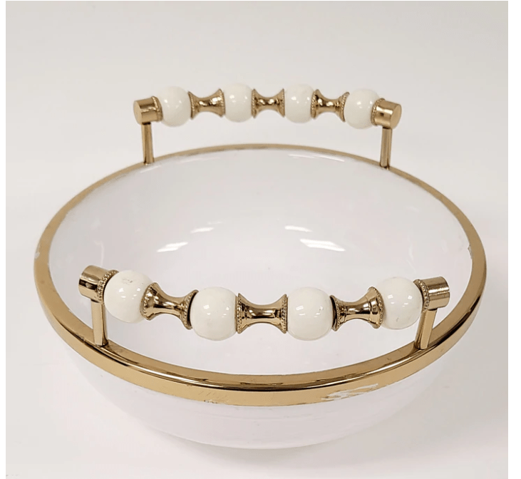 Classic Touch Bowls White Round Bowl with Two Gold and White Beaded Design Handles 10"D