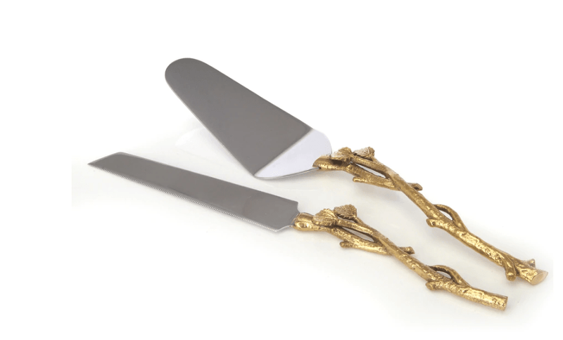 Classic Touch Cake Server and Knife Set with Gold Leaf Design, Dims 12"L - Gold