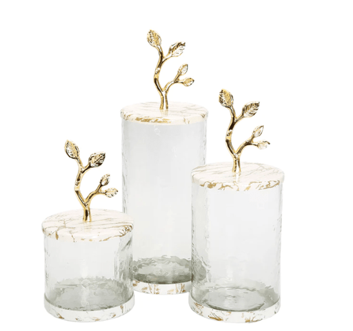 Classic Touch Canisters Large Glass Canister with White/Gold Marble Lid and Leaf Handle