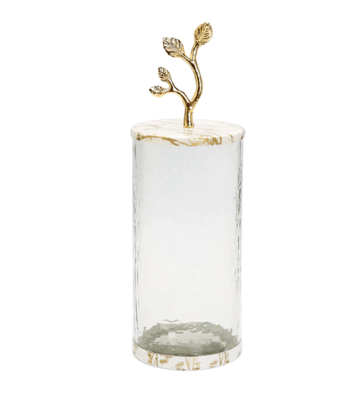 Classic Touch Canisters Large Glass Canister with White/Gold Marble Lid and Leaf Handle