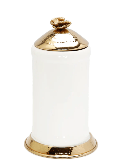 Classic Touch Canisters Large White Glass Canister Gold Hammered Lid and Base Flower Knob
