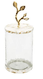 Classic Touch Canisters Medium Glass Canister with White/Gold Marble Lid and Leaf Handle