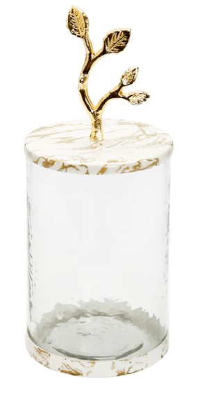 Classic Touch Canisters Medium Glass Canister with White/Gold Marble Lid and Leaf Handle